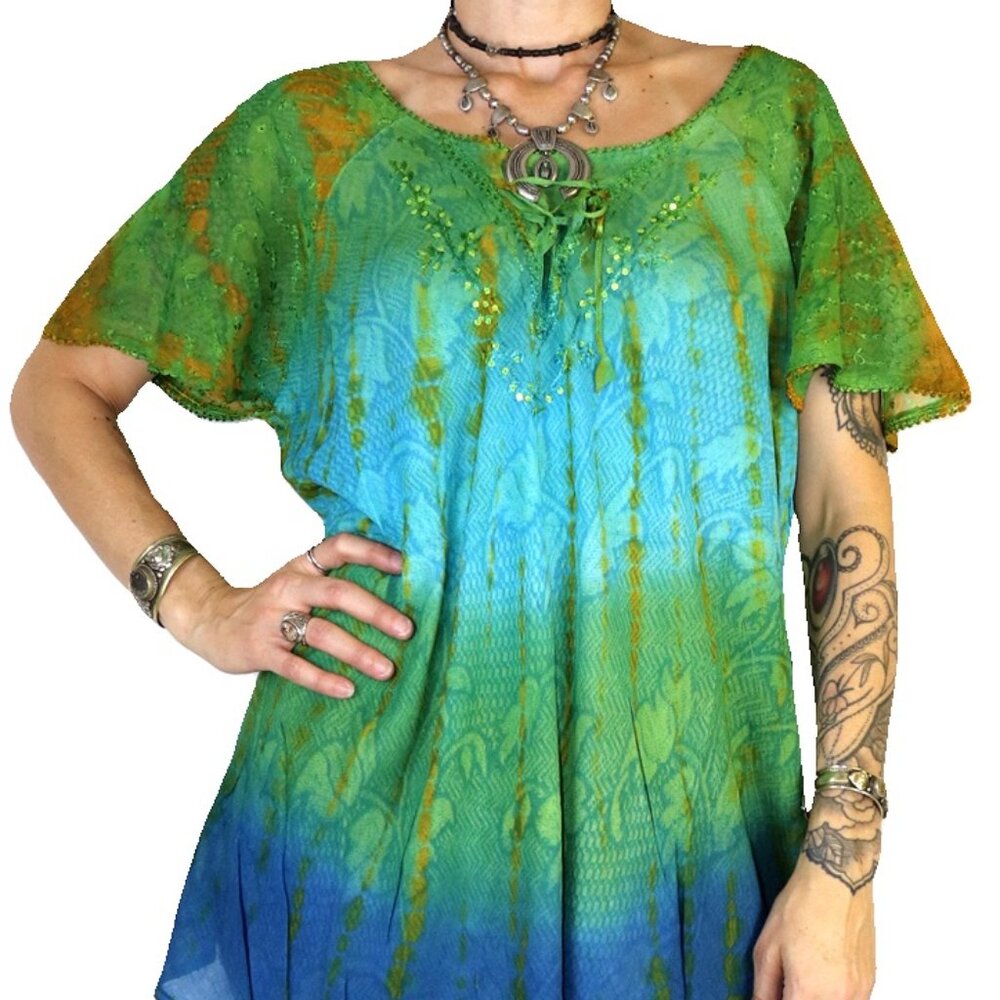 Evenlyn Green Blue Comfy tie dye Hippie Boho womens top